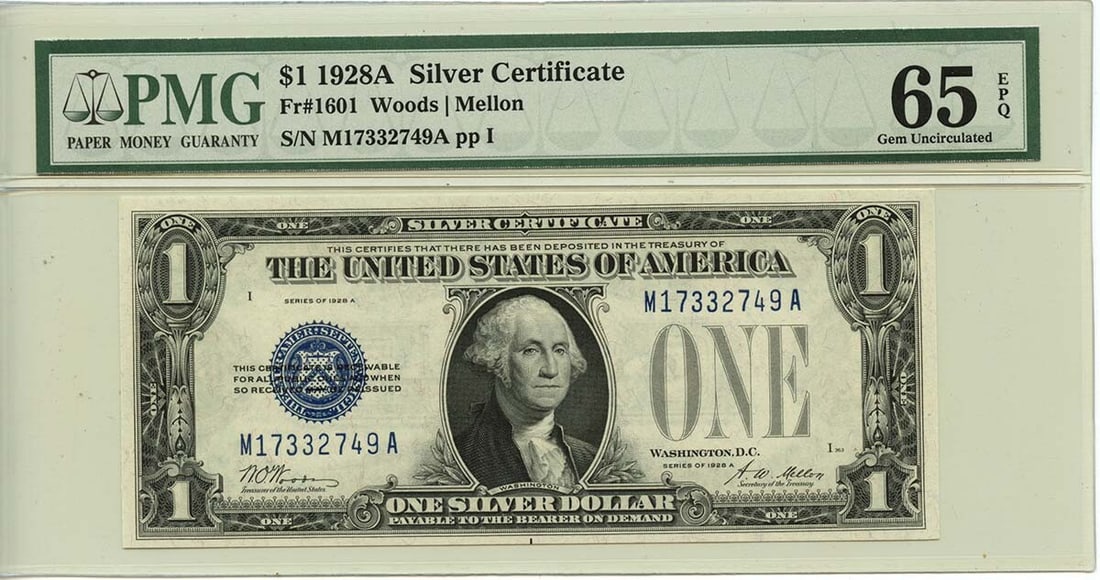 1928A $1 Silver Certificate Fr# 1601 PMG Gem65 EPQ: 1928A $1 Silver Certificate Fr# 1601 PMG Gem65 EPQ This 1928A $1 Silver Certificate, designated as Fr# 1601, is a remarkable piece for collectors. Certified by PMG with a Gem 65 EPQ grade, it is in un