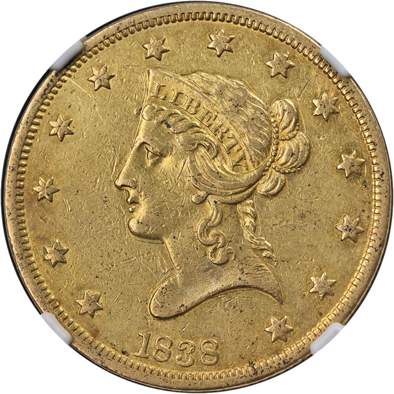 1838 Liberty Gold $10 NGC AU Details Key Date Strong Strike: 1838 Liberty Gold $10 NGC AU Details Key Date Strong Strike This 1838 Liberty Gold $10 coin is a certified NGC AU Details example, known for its impressive eye appeal and strong strike. With a composi