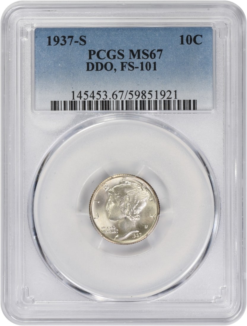 1937-S Mercury Dime Double Die Obverse PCGS MS67 Silver Coin: 1937-S Mercury Dime Double Die Obverse PCGS MS67 Silver Coin This is a 1937-S Mercury Dime from the San Francisco Mint, featuring a doubled die obverse (DDO) FS-101 variety. Graded MS67 by PCGS, this