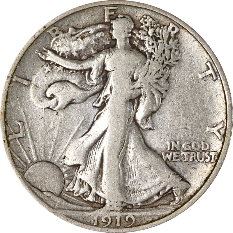 1919 San Francisco Silver Half Dollar Walking Liberty Design: 1919 San Francisco Silver Half Dollar Walking Liberty Design This is a 1919-S Walking Liberty Half Dollar, composed of 90% silver. Minted in San Francisco, the coin is circulated and is in pre-owned c