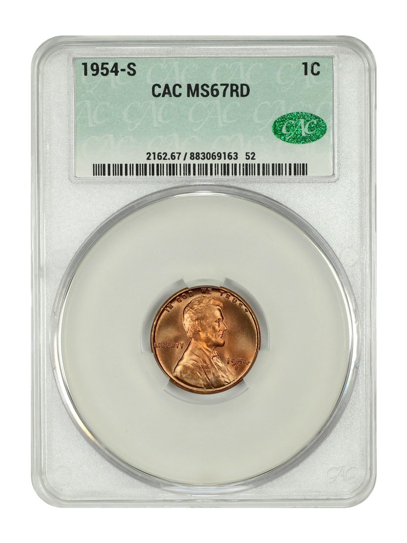 1954-S Lincoln Cent CACG MS67RD Wheat Reverse Uncirculated: 1954-S Lincoln Cent CACG MS67RD Wheat Reverse Uncirculated This 1954-S Lincoln Cent features a Wheat Reverse and is certified by CACG, with a certification number of 883069163. It is graded MS67RD, in