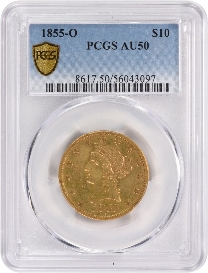 1855-O $10 Gold Liberty Head AU50 PCGS Certified Coin: 1855-O $10 Gold Liberty Head AU50 PCGS Certified Coin This 1855-O $10 Gold Liberty Head coin is a remarkable piece of numismatic history, certified by PCGS and graded AU50. Struck at the New Orleans m