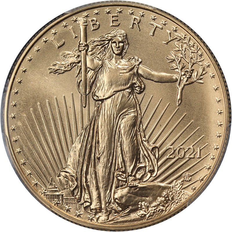 PCGS MS70 2021 $50 Gold Eagle Type 2 General Casey Signed Label: PCGS MS70 2021 $50 Gold Eagle Type 2 General Casey Signed Label This 2021 Gold American Eagle $50 coin is the Type 2 edition, graded MS70 by PCGS and featuring the General Casey autograph label. The c