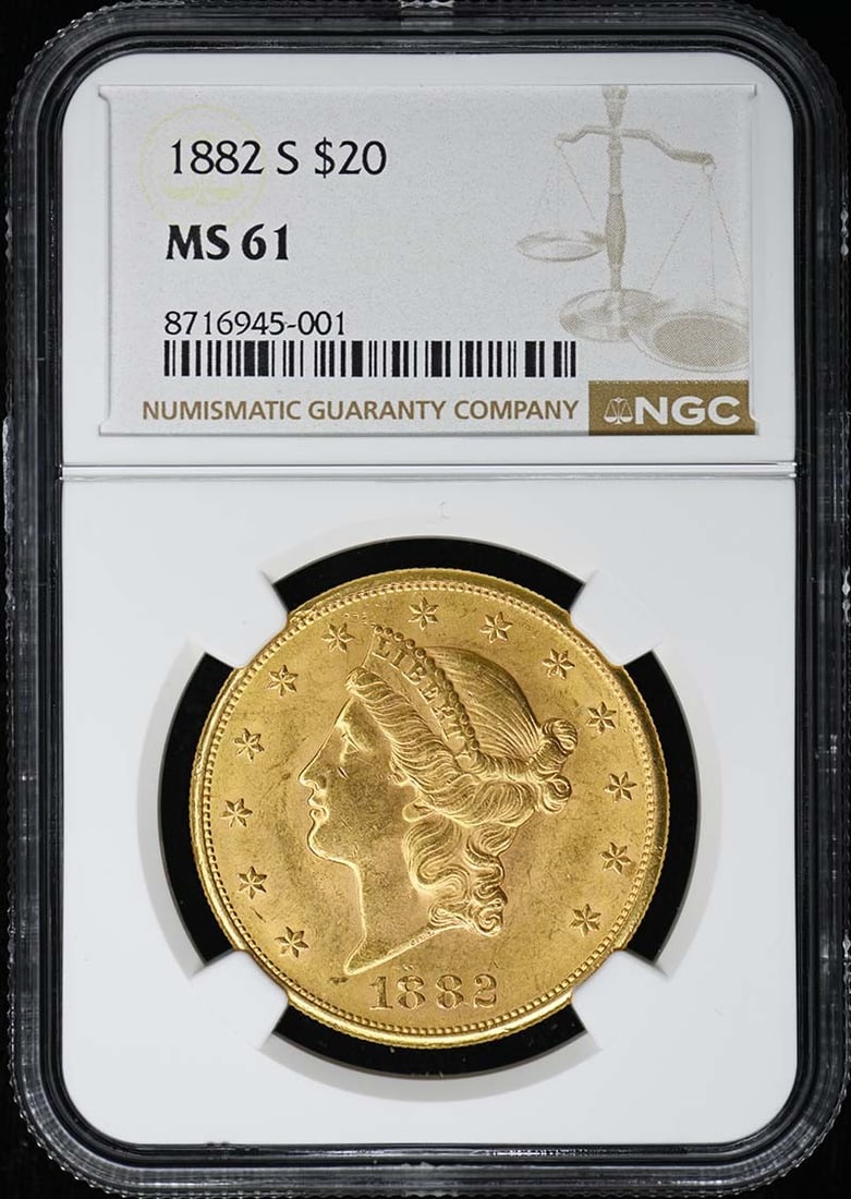 NGC MS61 1882 San Francisco Liberty Head $20 Gold Double Eagle Coin: NGC MS61 1882 San Francisco Liberty Head $20 Gold Double Eagle Coin This 1882-S Liberty Double Eagle Type 3 $20 gold coin is certified by NGC with a grade of MS61. Struck at the San Francisco Mint, it