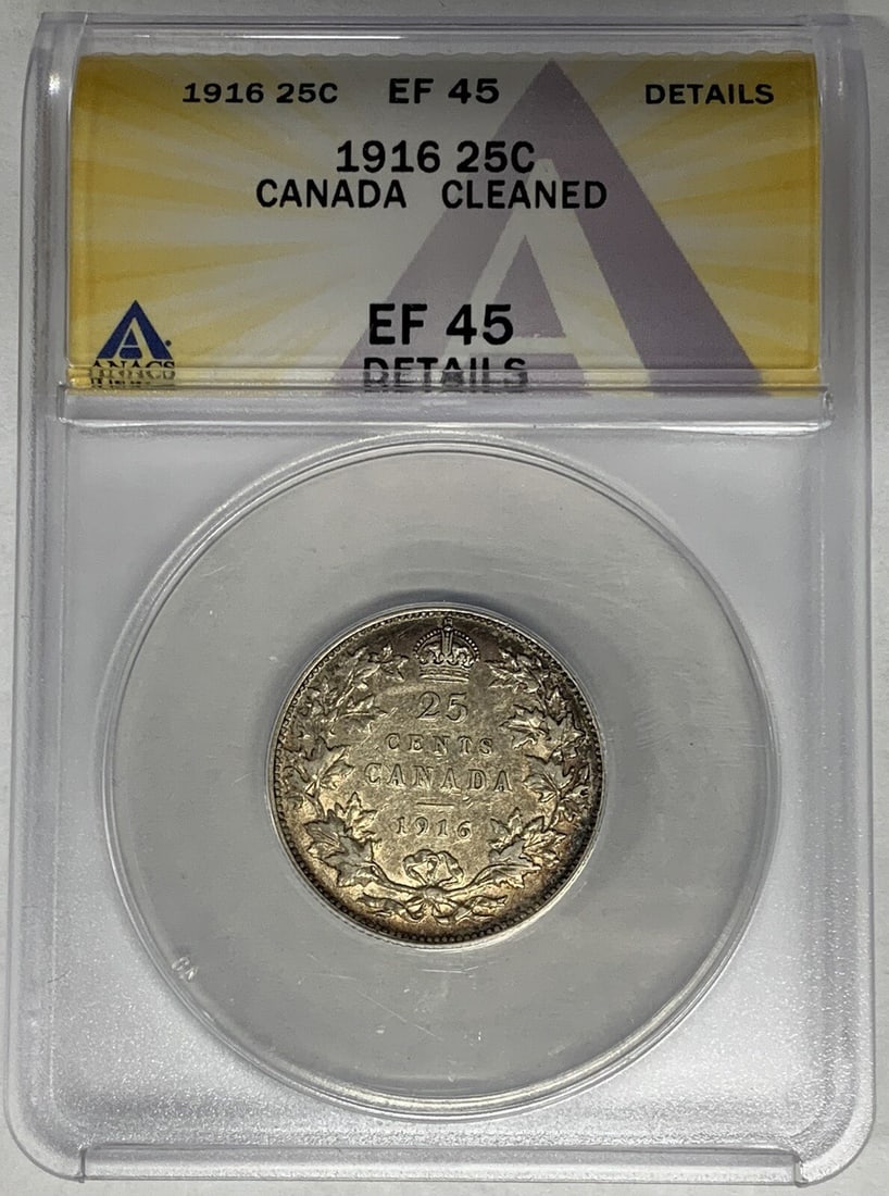 ANACS XF 45 Silver 25 Cent Canada Coin 1916 Cleaned: ANACS XF 45 Silver 25 Cent Canada Coin 1916 Cleaned This 1916 Canada twenty-five cent coin is composed of silver and has been graded XF 45 by ANACS. The coin is circulated and has been noted as cleane