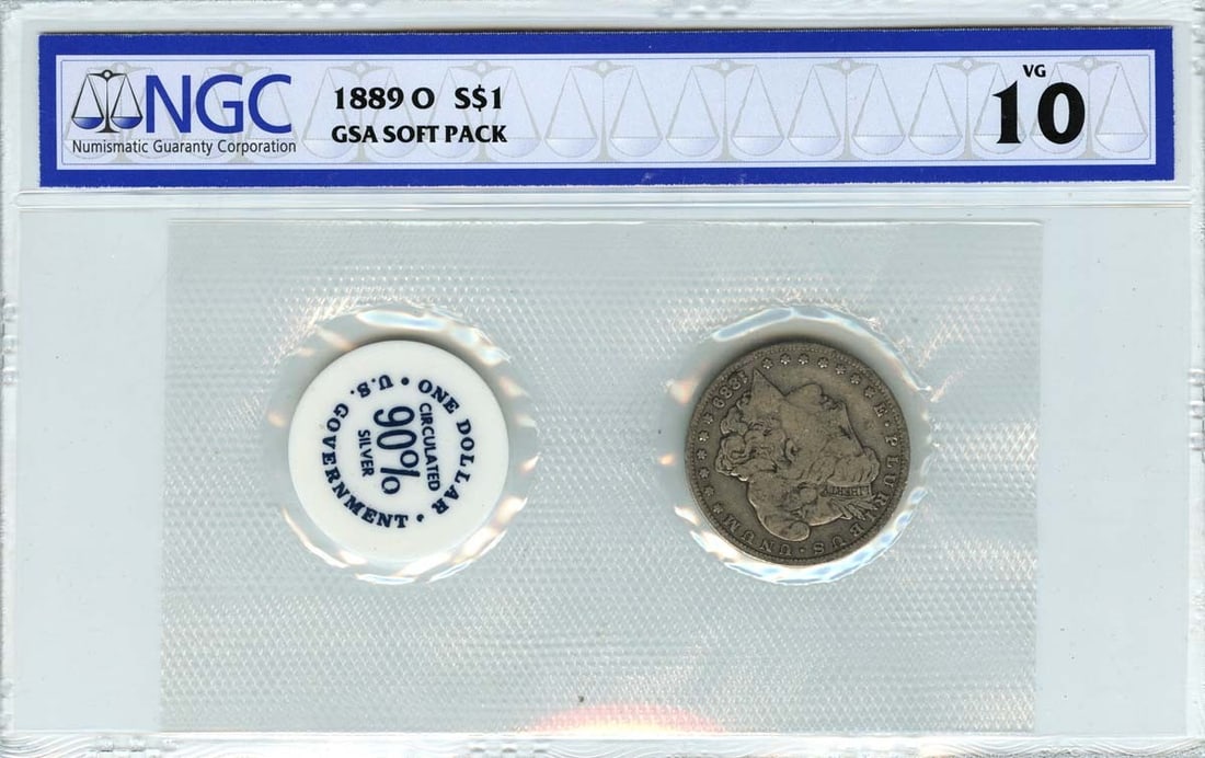 NGC VG10 1889-O Morgan Dollar in GSA Soft Pack: NGC VG10 1889-O Morgan Dollar in GSA Soft Pack This is an 1889-O Morgan Dollar in circulated condition, graded VG10 by NGC. The coin was minted in New Orleans and comes in a GSA soft pack. It is a pre