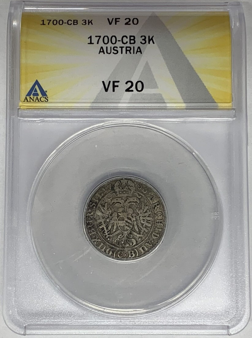 Austria 1700 3 Kreuzer Silver Coin ANACS Certified VF 20: Austria 1700 3 Kreuzer Silver Coin ANACS Certified VF 20 This is a 1700-CB Austria 3 Kreuzer silver coin, certified and graded VF 20 by ANACS. The coin originates from Austria and is composed of silve