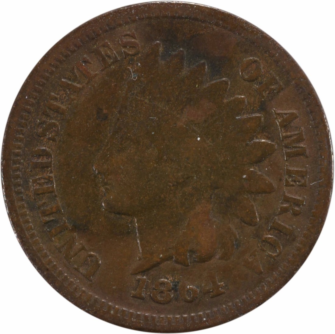 1864 Indian Head Cent Copper Ribbon Design KM 90a Uncertified: 1864 Indian Head Cent Copper Ribbon Design KM 90a Uncertified This 1864 Indian Cent features the iconic Indian Head design and is classified as 'F' grade, indicating a fair condition. The coin is circ