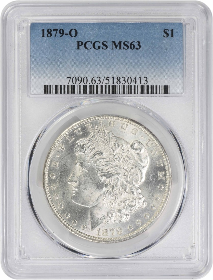 1879-O Morgan Silver Dollar MS63 PCGS Uncirculated Coin: 1879-O Morgan Silver Dollar MS63 PCGS Uncirculated Coin This 1879-O Morgan Silver Dollar is a stunning example of American numismatic history, graded MS63 by PCGS. Struck in 90% silver and 10% copper,