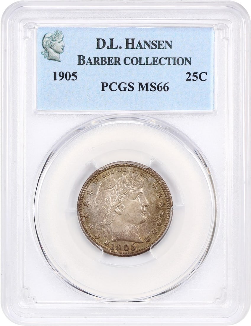 1905 Barber Quarter 25C PCGS MS66 D.L. Hansen Collection: 1905 Barber Quarter 25C PCGS MS66 D.L. Hansen Collection This exquisite 1905 Barber Quarter is certified by PCGS with a grade of MS66, showcasing its exceptional quality. It features rich original ton