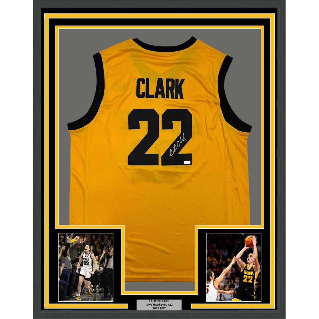 Caitlin Clark Signed Iowa Hawkeyes Yellow Jersey 35x39 Framed Panini COA: Caitlin Clark Signed Iowa Hawkeyes Yellow Jersey 35x39 Framed Panini COA This professionally framed Caitlin Clark Iowa Yellow jersey features an authentic autograph, verified by Panini Authentic. The