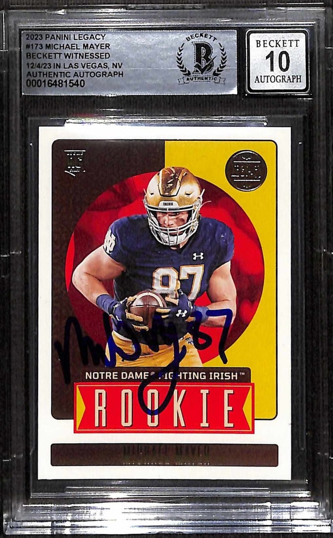 Michael Mayer 2023 Panini Legacy Rookie Card Beckett Auto 10 Signed: Michael Mayer 2023 Panini Legacy Rookie Card Beckett Auto 10 Signed This is an original 2023 Panini Legacy #173 sports trading card featuring Michael Mayer, rookie tight end for Las Vegas. The card is