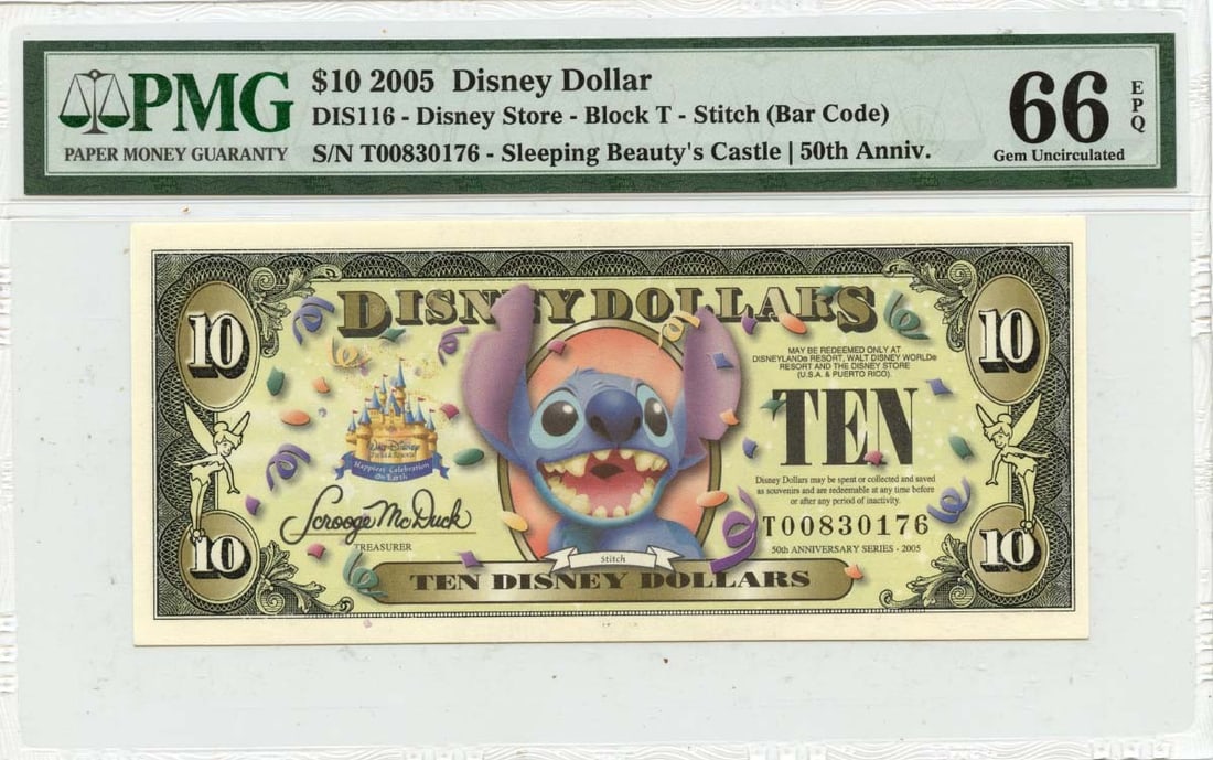 Stitch 2005 Disney Dollar $10 PMG GEM 66 EPQ Currency Note: Stitch 2005 Disney Dollar $10 PMG GEM 66 EPQ Currency Note This 2005 $10 Disney Dollar features Stitch and has been certified by PMG with a GEM 66 EPQ grade. Issued in the United States, this collecti
