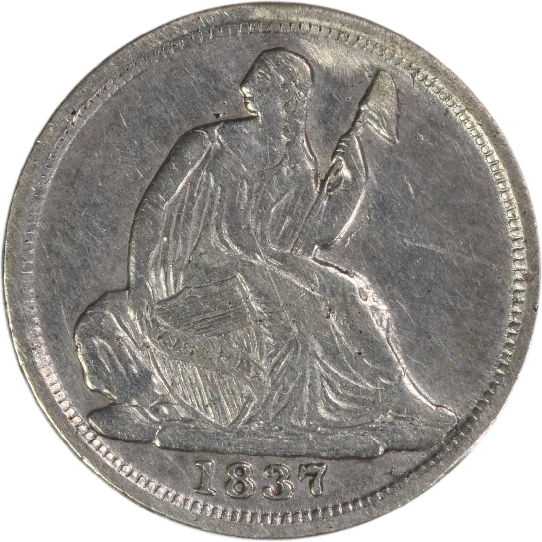 1837 Seated Half Dime Silver Coin Small Date No Stars EF Uncertified: 1837 Seated Half Dime Silver Coin Small Date No Stars EF Uncertified This is an 1837 Liberty Seated Silver Half Dime featuring the No Stars Small Date variety. Minted in Philadelphia and designed by C