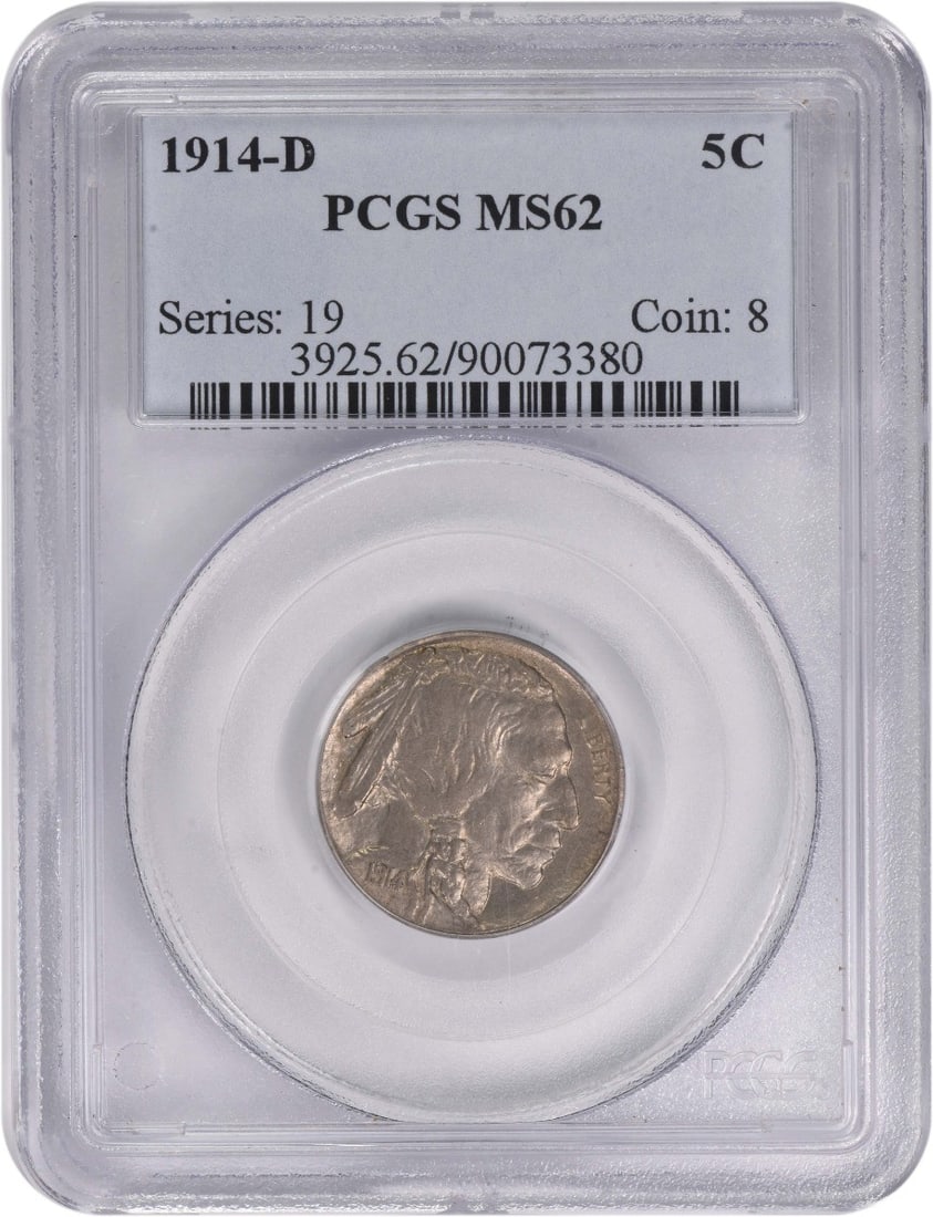 PCGS MS62 1914 Denver Mint Buffalo Five Cent Coin: PCGS MS62 1914 Denver Mint Buffalo Five Cent Coin This is a 1914-D Buffalo Nickel graded MS62 by PCGS. It was struck at the Denver Mint and features the iconic Buffalo design by James Earle Fraser. Th