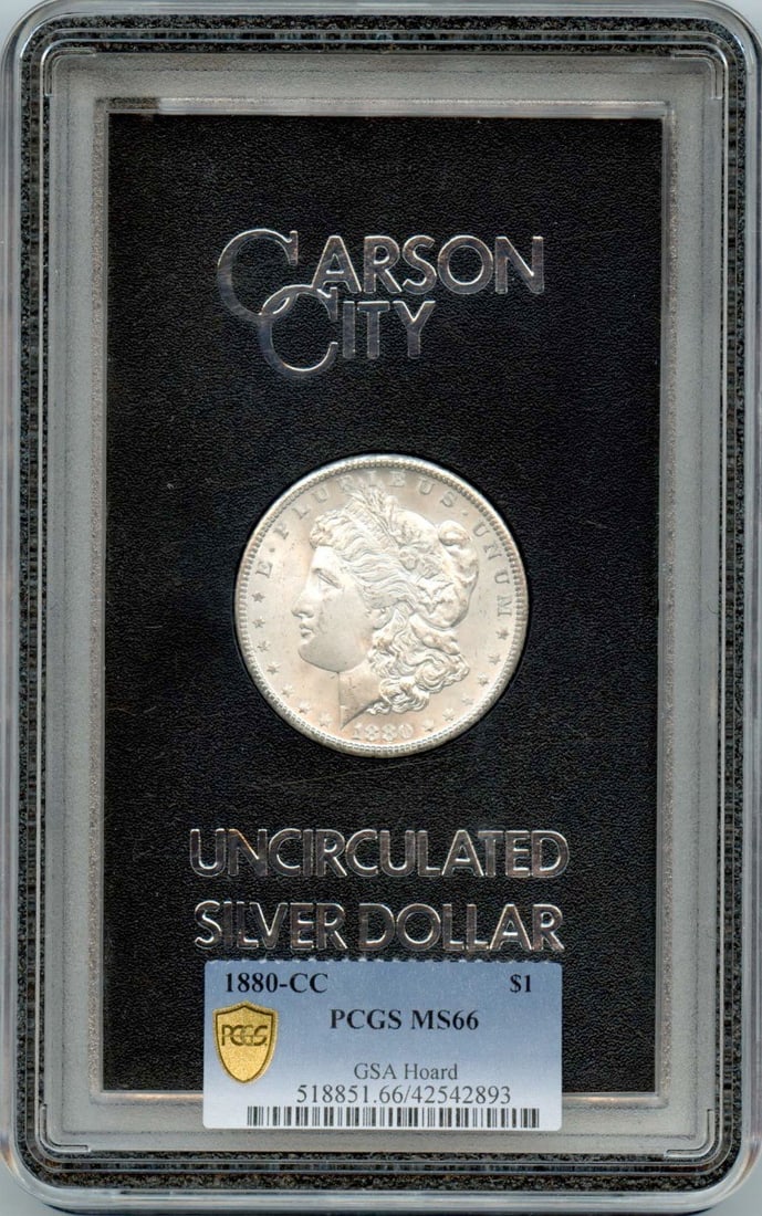 PCGS MS66 1880 Carson City Morgan Dollar from GSA Hoard: PCGS MS66 1880 Carson City Morgan Dollar from GSA Hoard This 1880-CC Morgan Dollar originates from the GSA Hoard and has been professionally graded MS66 by PCGS. Struck at the Carson City Mint, this u