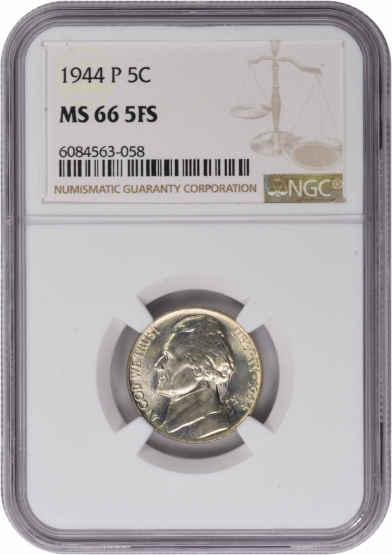 Jefferson Nickel 1944-P MS66 5 Full Steps NGC Certified: Jefferson Nickel 1944-P MS66 5 Full Steps NGC Certified This is a 1944-P Jefferson Nickel graded MS66 5FS by NGC. Struck at the Philadelphia Mint, this un-used coin is composed of 56% copper, 35% silv