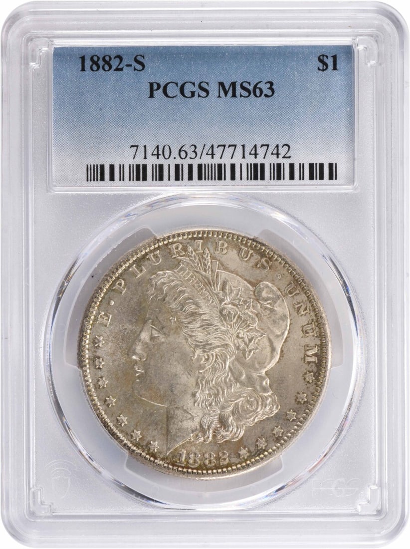 MS63 PCGS Certified 1882 San Francisco Morgan Silver Dollar: MS63 PCGS Certified 1882 San Francisco Morgan Silver Dollar This 1882-S Morgan Silver Dollar is certified by PCGS with a grade of MS63. Struck at the San Francisco Mint, the coin is composed of 90% si