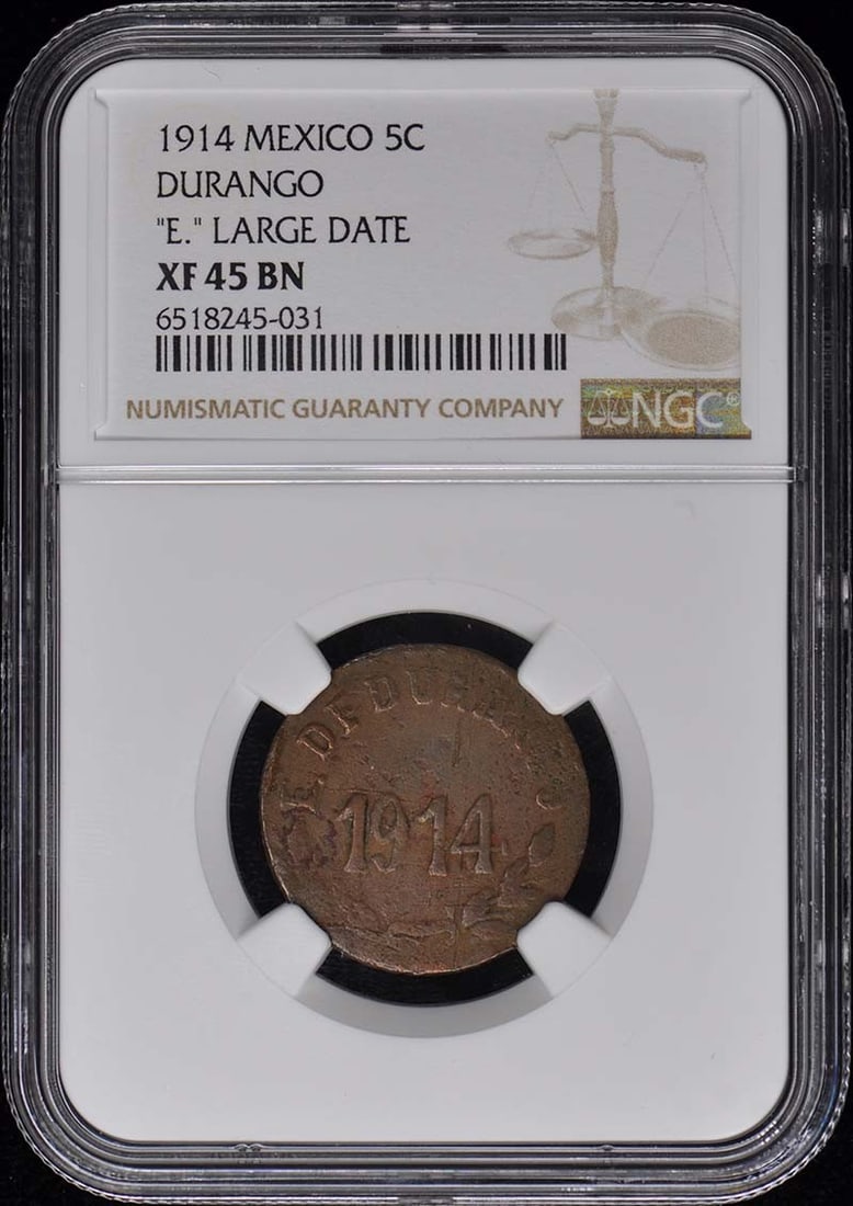 1914 Mexico Durango 5 Centavos NGC XF45 Certified Coin: 1914 Mexico Durango 5 Centavos NGC XF45 Certified Coin This 1914 Mexico Durango 5 Cent coin is certified by NGC with a grade of XF45. It shows signs of circulation, indicating its history and age. The