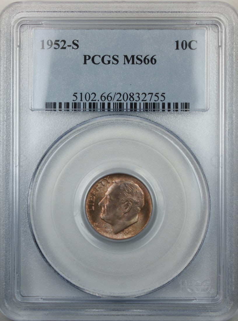 PCGS MS-66 1952-S Roosevelt Silver Dime with Toning: PCGS MS-66 1952-S Roosevelt Silver Dime with Toning This 1952-S Roosevelt Dime is a silver coin minted in San Francisco. Certified by PCGS with an MS-66 grade, it is uncirculated and features attracti