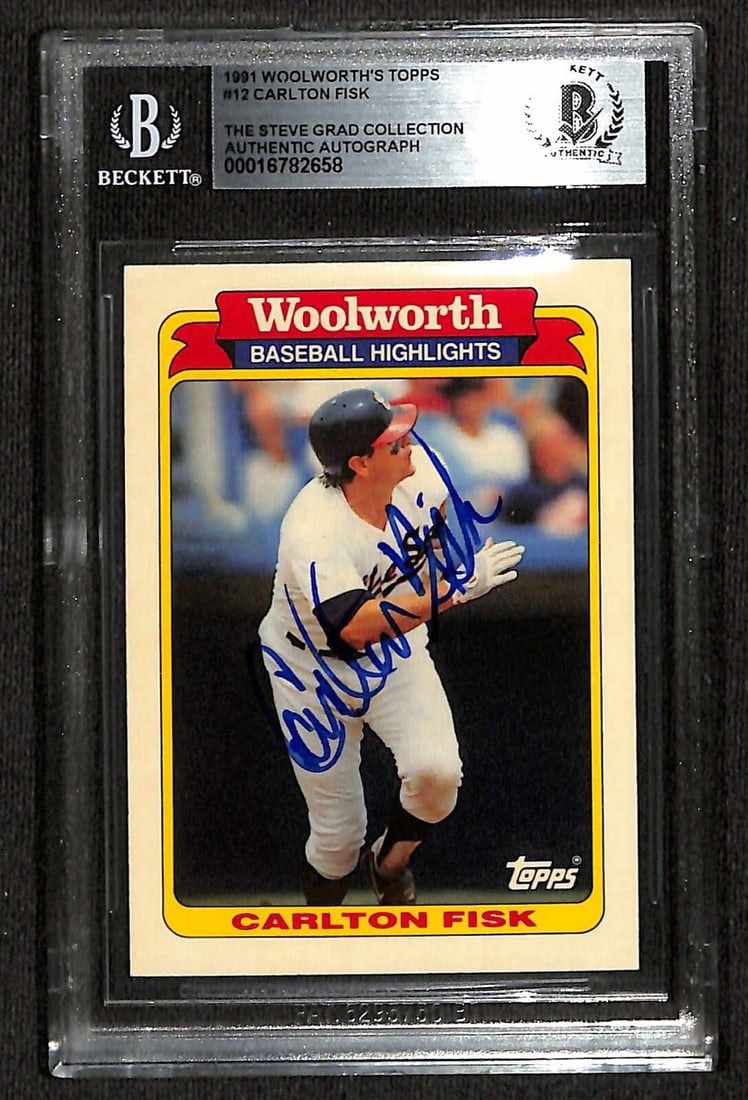 Carlton Fisk Signed 1991 Woolworth's Topps #12 Card Beckett Authenticated: Carlton Fisk Signed 1991 Woolworth's Topps #12 Card Beckett Authenticated This is an original 1991 Woolworth's Topps #12 baseball trading card signed by Carlton Fisk, the legendary catcher for the Chi