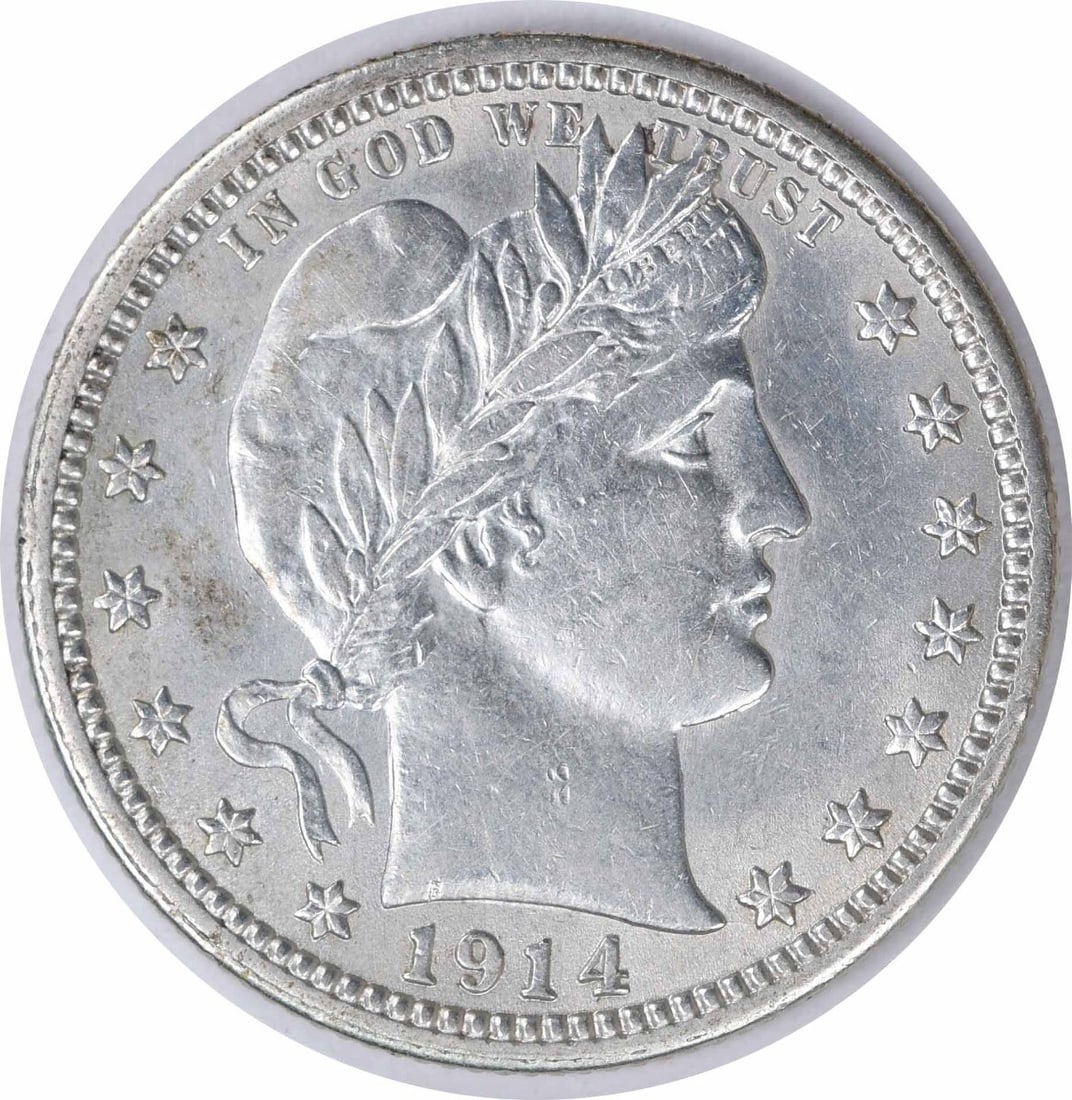 1914 Barber Silver Quarter AU 90% Silver Philadelphia Mint: 1914 Barber Silver Quarter AU 90% Silver Philadelphia Mint This 1914 Barber Silver Quarter is an impressive collectible, showcasing the artistry of designer Charles E. Barber. The coin is graded as AU