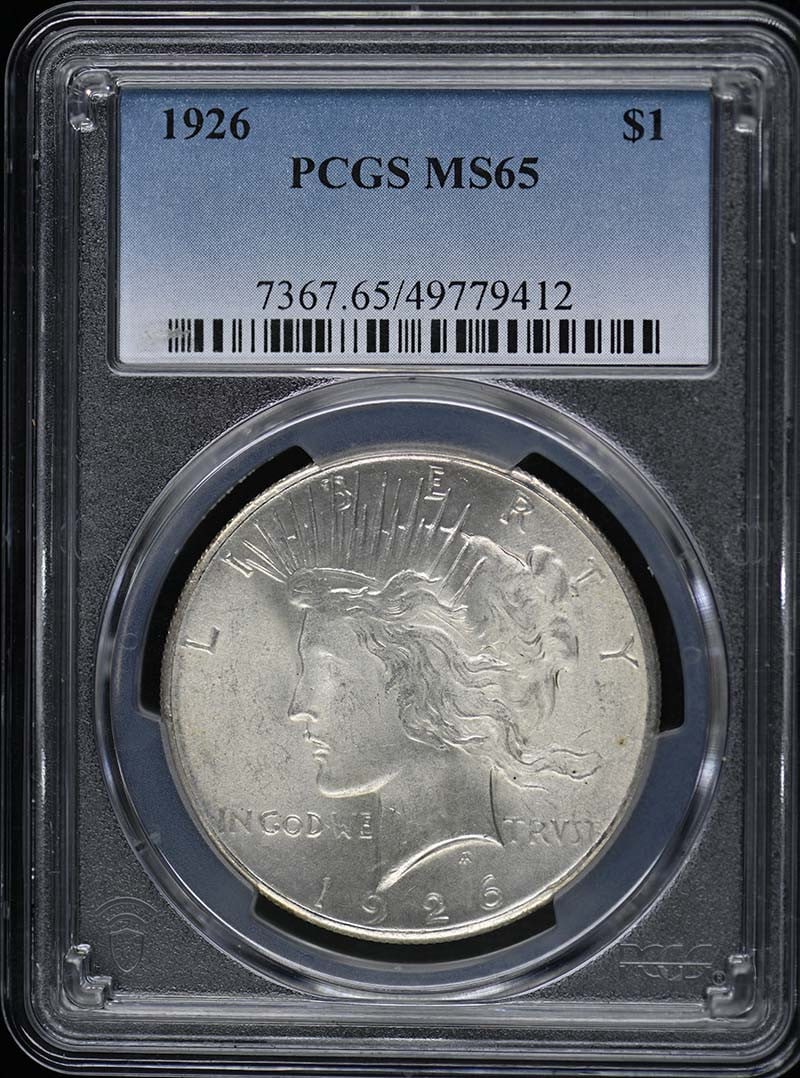 1926 Peace Dollar PCGS MS65 Uncirculated Philadelphia Mint: 1926 Peace Dollar PCGS MS65 Uncirculated Philadelphia Mint This 1926 Peace Dollar is a remarkable example of American coinage, certified by PCGS with a grade of MS65, indicating its uncirculated condi