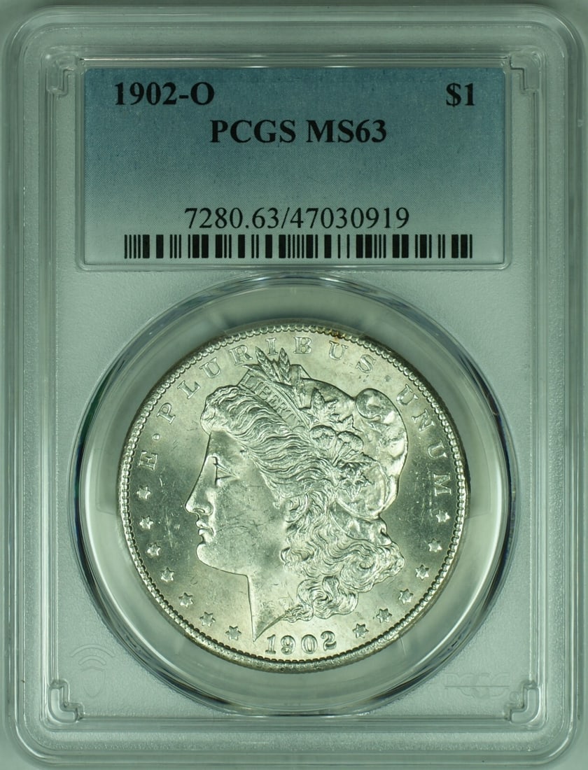 1902-O Morgan Dollar Silver Coin PCGS MS-63 New Orleans Mint: 1902-O Morgan Dollar Silver Coin PCGS MS-63 New Orleans Mint This is a 1902-O Morgan Silver Dollar coin graded MS-63 by PCGS. Minted in New Orleans, this uncirculated coin is composed of 90% silver an