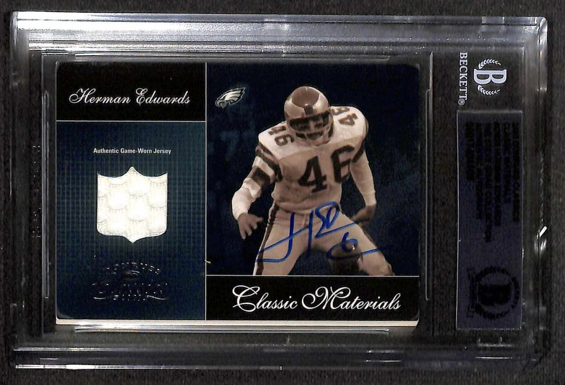 Herman Edwards Signed 2003 Donruss Classics Materials Card Beckett Authenticated: Herman Edwards Signed 2003 Donruss Classics Materials Card Beckett Authenticated Own a piece of football history with this autographed 2003 Donruss Classics Materials #FG-23 trading card, signed by Ph