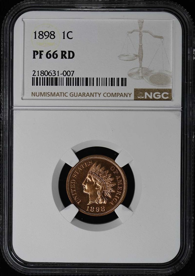 Proof 1898 Indian Cent NGC Certified PR66RD: Proof 1898 Indian Cent NGC Certified PR66RD This 1898 Indian Cent is struck in bronze and graded PR66RD by NGC. It is a proof coin, uncirculated and designated as 'Red' (RD), indicating a full origina