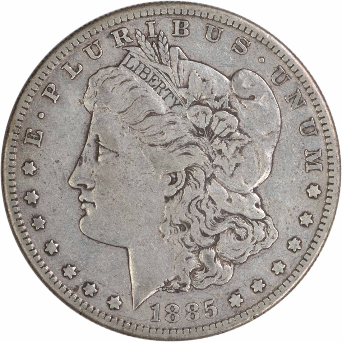 San Francisco 1885 Morgan Dollar 90 Percent Silver VF Grade Uncertified: San Francisco 1885 Morgan Dollar 90 Percent Silver VF Grade Uncertified This 1885-S Morgan Silver Dollar is a circulated coin featuring a composition of 90% silver and 10% copper. Minted in San Franci