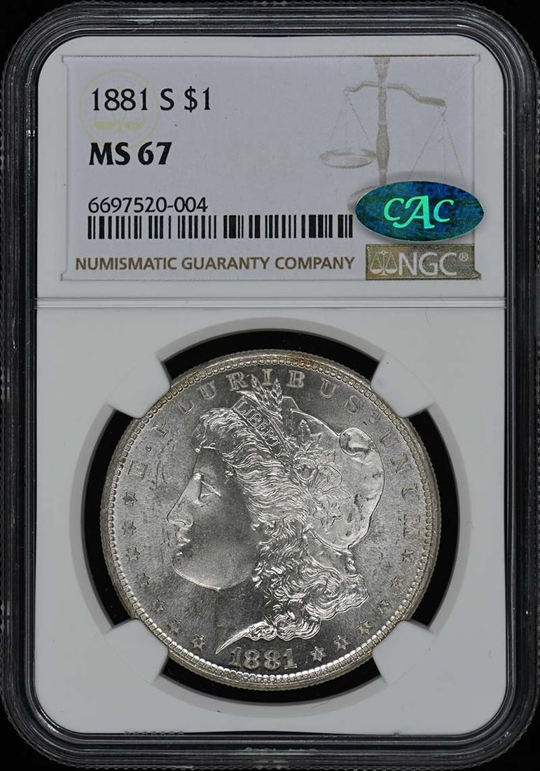 1881-S Morgan Dollar NGC MS67 CAC Uncirculated San Francisco: 1881-S Morgan Dollar NGC MS67 CAC Uncirculated San Francisco This 1881-S Morgan Dollar is a stunning collectible coin, certified by NGC with a high grade of MS67, ensuring its outstanding quality. It