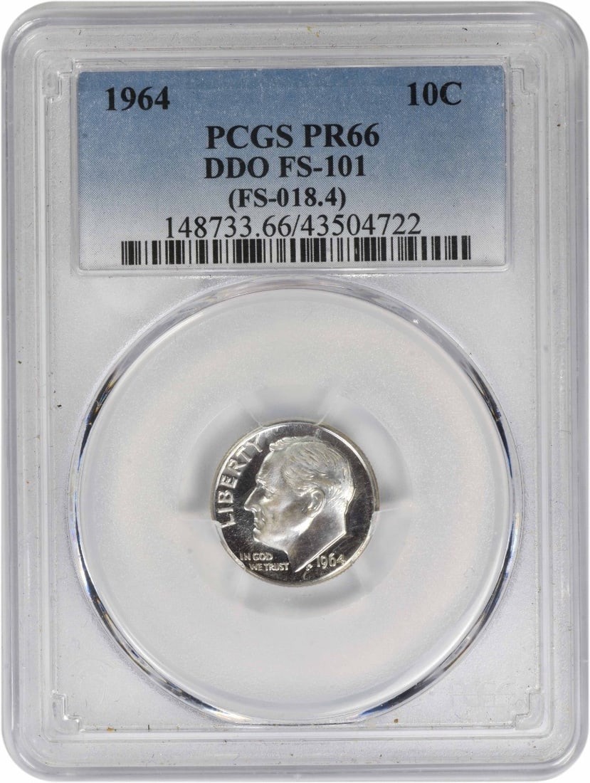 1964 Proof Roosevelt Dime Double Die Obverse FS-101 PR66 by PCGS: 1964 Proof Roosevelt Dime Double Die Obverse FS-101 PR66 by PCGS This 1964 Roosevelt Silver Dime is a proof coin featuring the DDO FS-101 variety. Certified by PCGS with a grade of PR66, it is compose