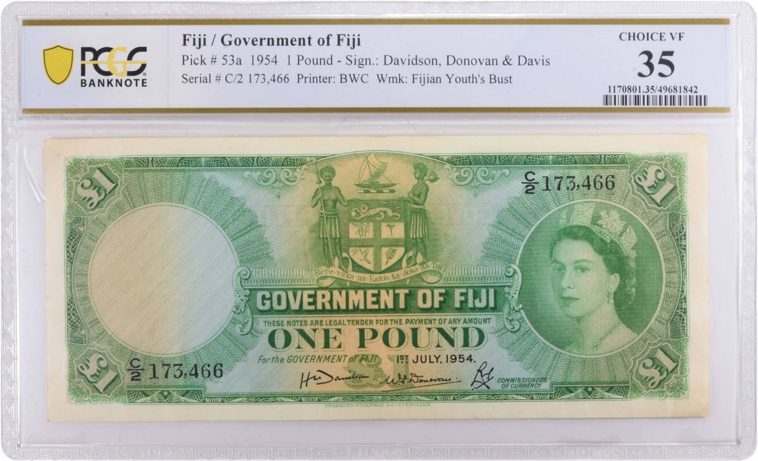 Fiji 1954 One Pound Banknote PCGS VF35 Pick 53a: Fiji 1954 One Pound Banknote PCGS VF35 Pick 53a This is a 1954 Fiji 1 Pound banknote, graded Choice VF35 by PCGS. The note is circulated and in pre-owned condition, originating from Fiji. Specificatio