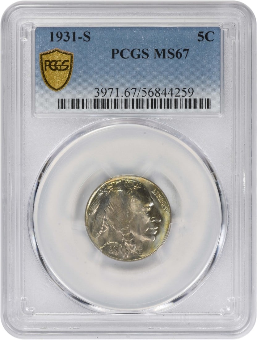 PCGS MS67 1931 San Francisco Buffalo Five Cent Coin: PCGS MS67 1931 San Francisco Buffalo Five Cent Coin This 1931-S Buffalo Nickel is graded MS67 by PCGS and features a composition of 75% copper and 25% nickel. Minted in San Francisco, this uncirculate