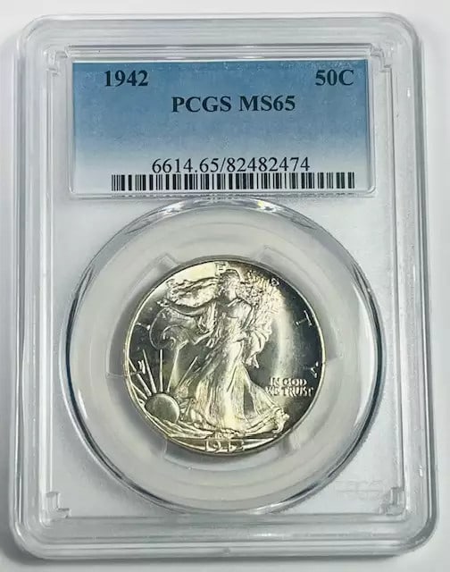 1942 P Walking Liberty Half Dollar PCGS MS65 Silver Coin: 1942 P Walking Liberty Half Dollar PCGS MS65 Silver Coin This stunning 1942 P Walking Liberty Half Dollar is certified by PCGS with a remarkable MS 65 grade. Struck in silver at the Philadelphia mint,