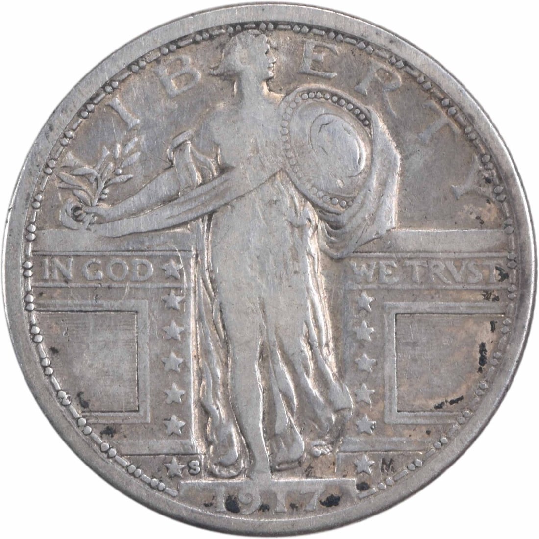1917-S Standing Liberty Quarter Type 1 VF Uncertified 90% Silver: 1917-S Standing Liberty Quarter Type 1 VF Uncertified 90% Silver This 1917-S Standing Liberty Silver Quarter Type 1 is a remarkable piece of numismatic history. Designed by Hermon A. Mac Neil, this co