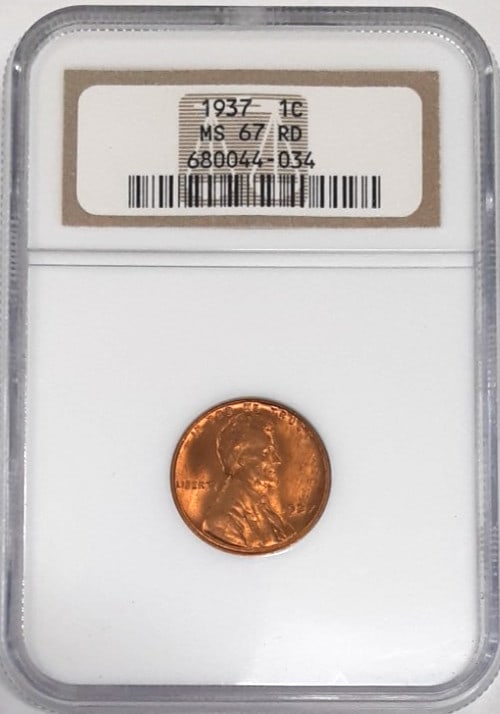 1937 Lincoln Wheat Cent NGC MS-67 Red Bronze Uncirculated Philadelphia: 1937 Lincoln Wheat Cent NGC MS-67 Red Bronze Uncirculated Philadelphia This 1937 Lincoln Wheat Cent is graded by NGC as MS-67 Red, indicating an un-used, high-grade example from the Philadelphia Mint.