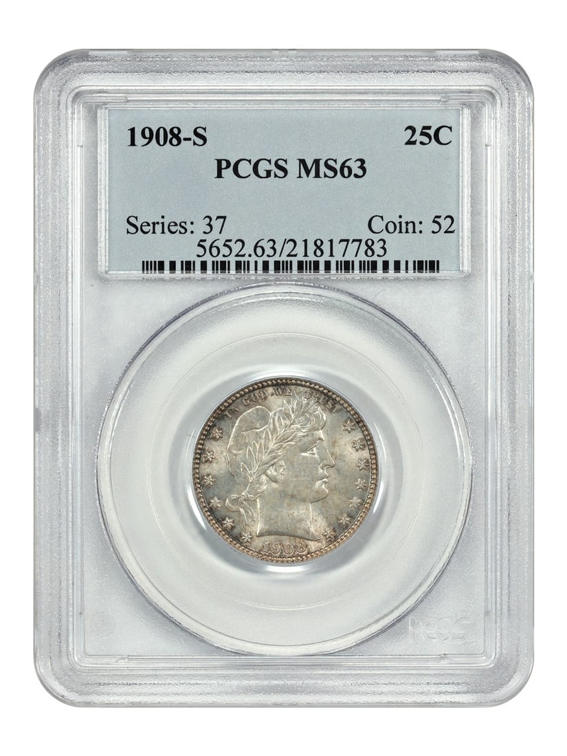 1908-S Barber Quarter Uncirculated PCGS MS63 Certified Coin: 1908-S Barber Quarter Uncirculated PCGS MS63 Certified Coin This 1908-S Barber Quarter is an uncirculated coin graded MS63 by PCGS. With a low mintage of only 784,000, it features lustrous, lightly mo