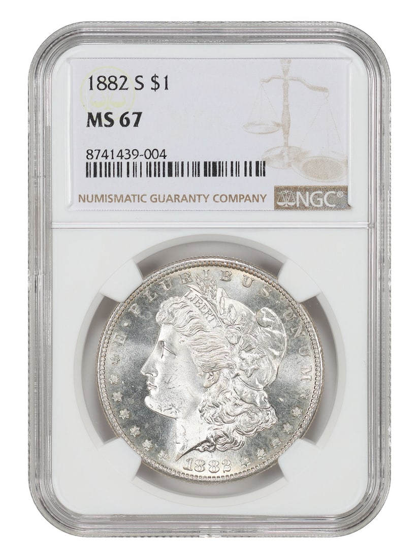 NGC MS67 1882 San Francisco Morgan Silver Dollar: NGC MS67 1882 San Francisco Morgan Silver Dollar This is an 1882-S Morgan Dollar graded MS67 by NGC. The coin is uncirculated and was minted in San Francisco. It is part of the Morgan Dollar series an
