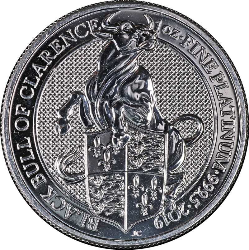 2019 Platinum Black Bull of Clarence 1 oz Coin from Great Britain Uncirculated: 2019 Platinum Black Bull of Clarence 1 oz Coin from Great Britain Uncirculated This is a 2019 Great Britain Queen's Beasts Black Bull of Clarence bullion coin struck from 1 oz of 0.9995 fine platinum.