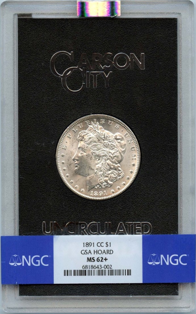 NGC MS62 Plus 1891 Carson City Morgan Dollar GSA Hoard Silver Coin: NGC MS62 Plus 1891 Carson City Morgan Dollar GSA Hoard Silver Coin This is an 1891-CC Morgan Dollar from the GSA Hoard, graded MS62+ by NGC. The coin is uncirculated and was minted in Carson City, Uni