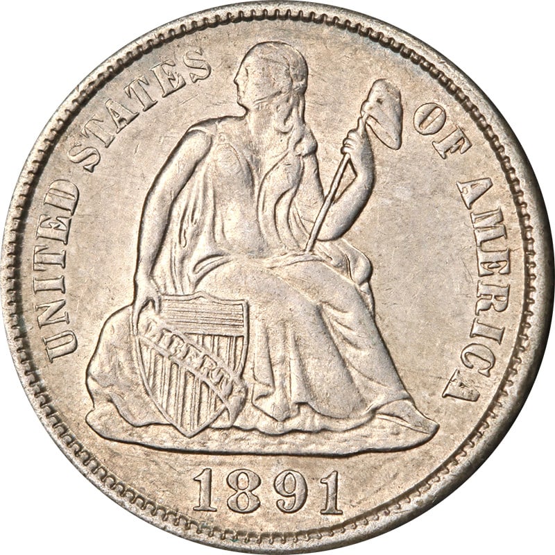 San Francisco Mint 1891 Silver Seated Liberty Dime United States Coin: San Francisco Mint 1891 Silver Seated Liberty Dime United States Coin This is an 1891-S Seated Liberty Dime, minted in San Francisco. The coin is composed of silver and is in circulated, pre-owned con