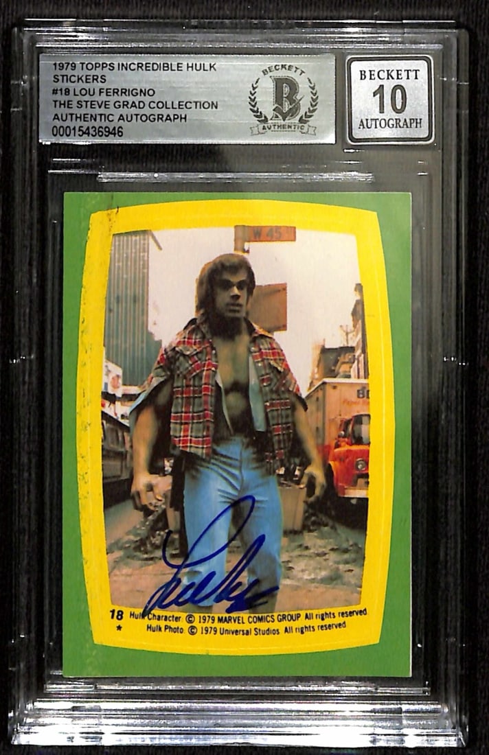 Lou Ferrigno Signed 1979 Topps Incredible Hulk Stickers #18 Auto 10: Lou Ferrigno Signed 1979 Topps Incredible Hulk Stickers #18 Auto 10 This is a signed 1979 Topps Incredible Hulk Stickers #18 featuring the iconic character portrayed by Lou Ferrigno. The autograph has