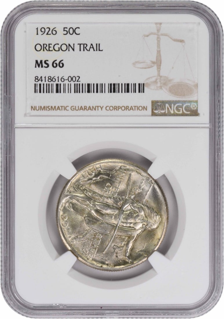 1926 Oregon Half Dollar Commemorative 90 Percent Silver MS66 NGC Certified: 1926 Oregon Half Dollar Commemorative 90 Percent Silver MS66 NGC Certified This Oregon Commemorative Half Dollar from 1926 is certified by NGC with a grade of MS66. Struck at the Philadelphia Mint, th