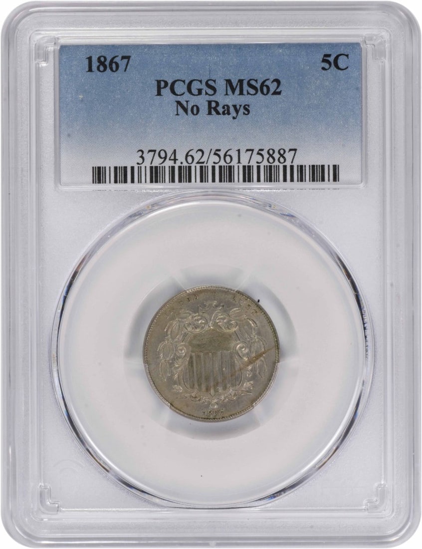 PCGS MS62 1867 Five Cent Shield Nickel Philadelphia Mint: PCGS MS62 1867 Five Cent Shield Nickel Philadelphia Mint This 1867 Shield Nickel features the No Rays variety and is graded MS62 by PCGS. Minted in Philadelphia, this uncirculated coin is composed of
