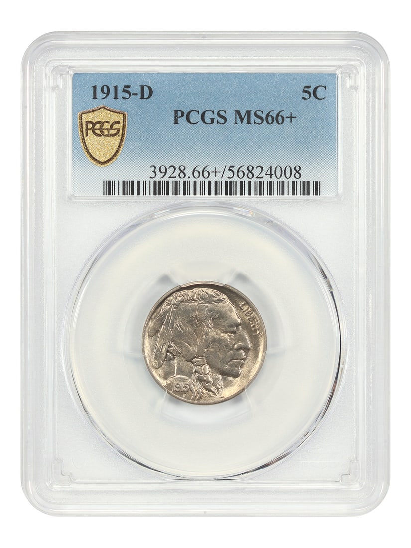 1915-D Buffalo Nickel PCGS MS66 Plus Certified Five Cent Coin: 1915-D Buffalo Nickel PCGS MS66 Plus Certified Five Cent Coin This 1915-D Buffalo Nickel is graded MS66+ by PCGS and remains uncirculated. Struck at the Denver Mint, it features strong luster and an a