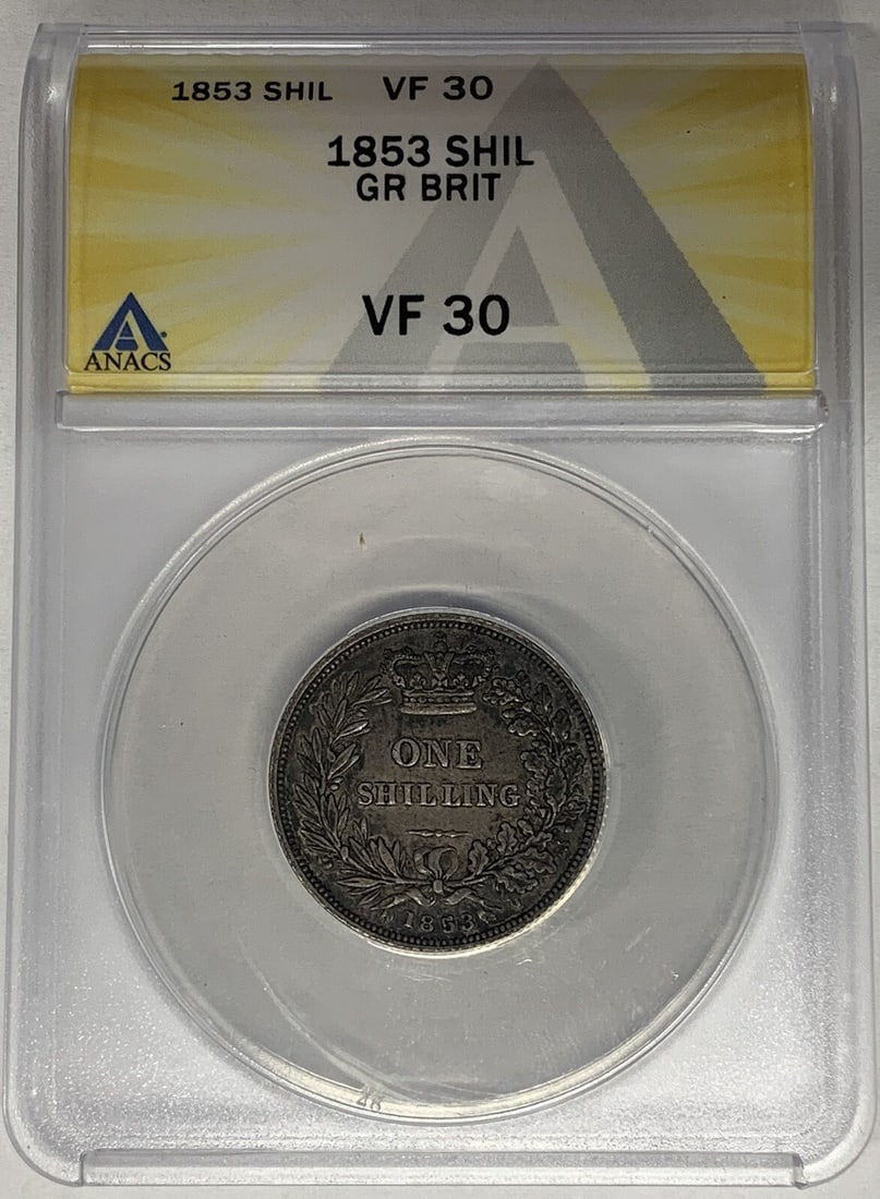 ANACS VF 30 United Kingdom 1853 Shilling Certified Coin: ANACS VF 30 United Kingdom 1853 Shilling Certified Coin This 1853 Great Britain Shilling is certified by ANACS with a grade of VF 30. The pre-owned coin represents the shilling denomination from the U
