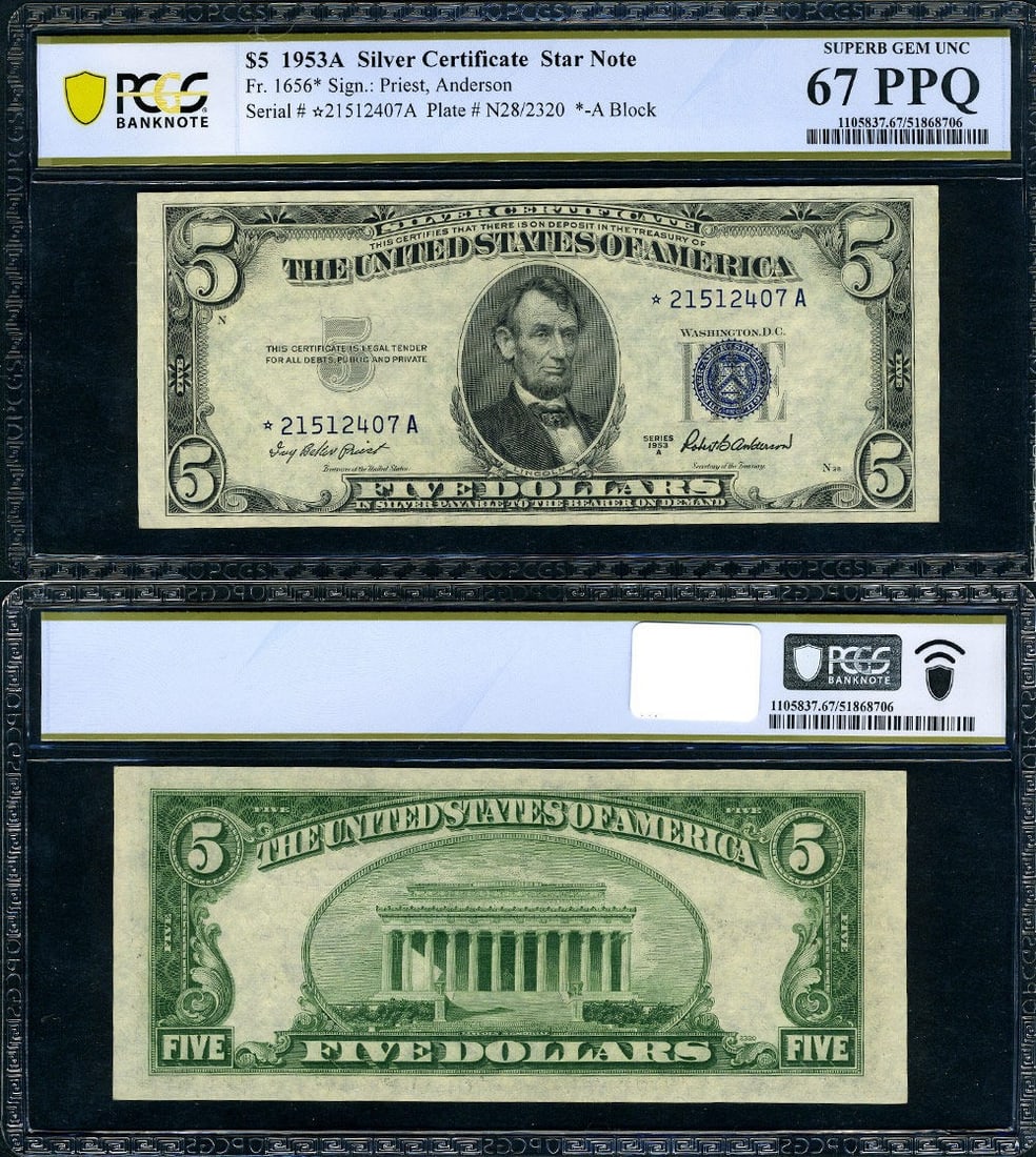 1953-A $5 Silver Certificate Star Note PCGS Superb Gem 67 PPQ: 1953-A $5 Silver Certificate Star Note PCGS Superb Gem 67 PPQ This is a 1953-A $5 Silver Certificate from the United States, featuring the *-A Block and certified by PCGS as Superb Gem 67 PPQ STAR. Th