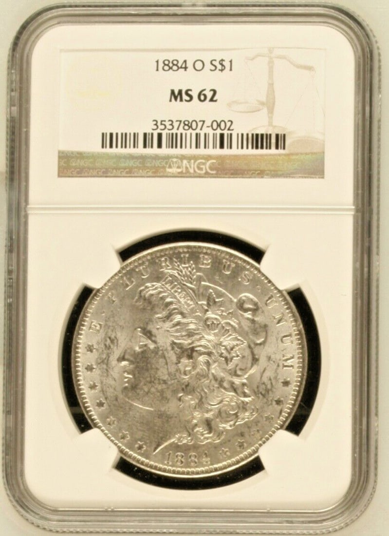 NGC Certified 1884-O Morgan Silver Dollar MS 62 New Orleans Mint: NGC Certified 1884-O Morgan Silver Dollar MS 62 New Orleans Mint This 1884-O Morgan Silver Dollar is an uncirculated coin graded MS 62 by NGC. Minted in New Orleans, it is composed of silver and featu